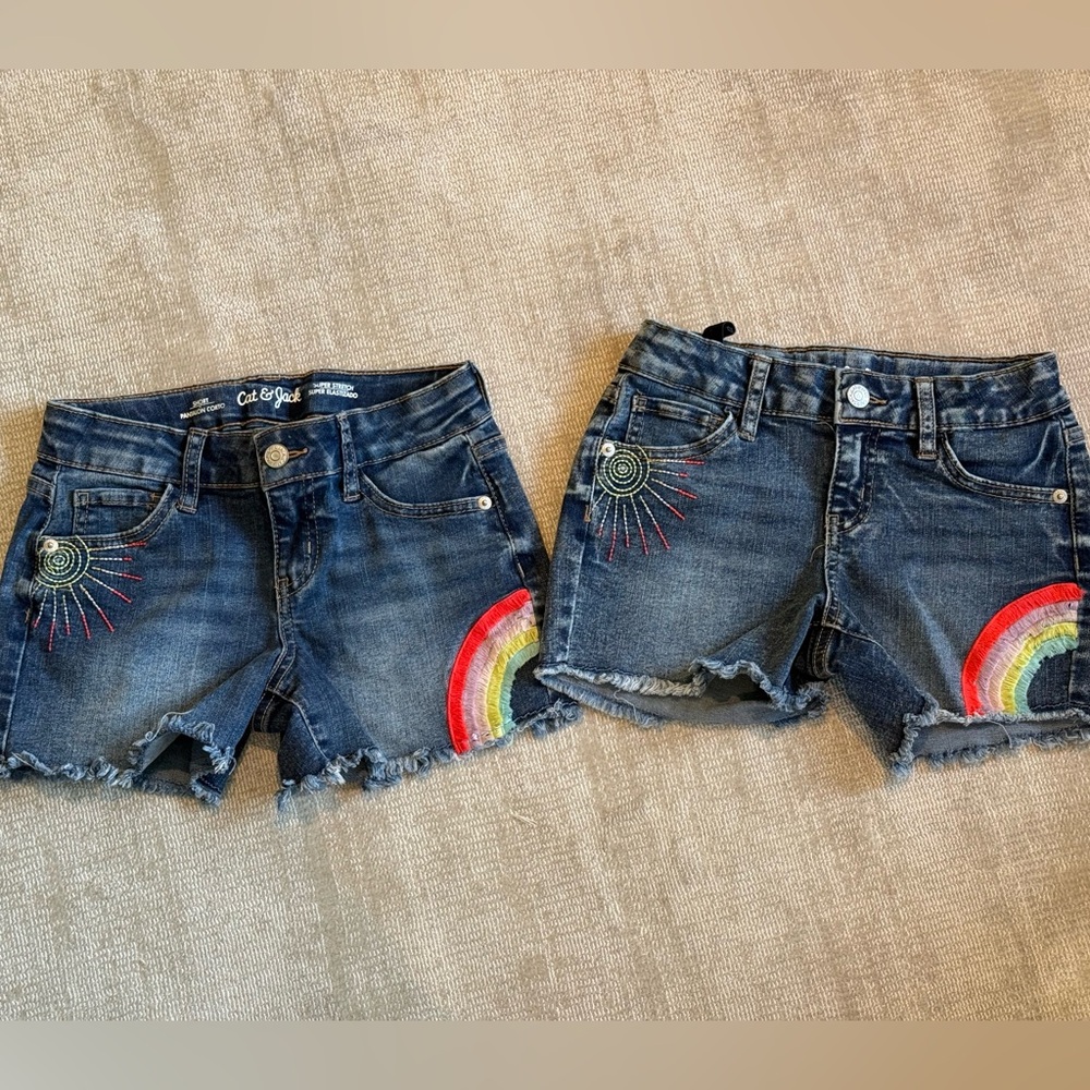 Girls jeans shorts with rainbow embroidery: size 7/8